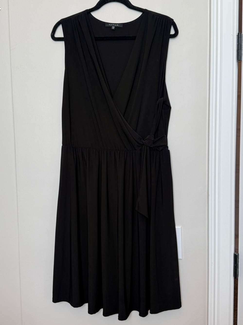 Tahari Black V-Neck Faux-Wrap Midi Dress
